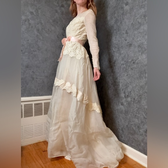 Vintage 1970s Prairie Wedding Dress – Lace, Sheer Sleeves & Pink Ribbon - Picture 2 of 6